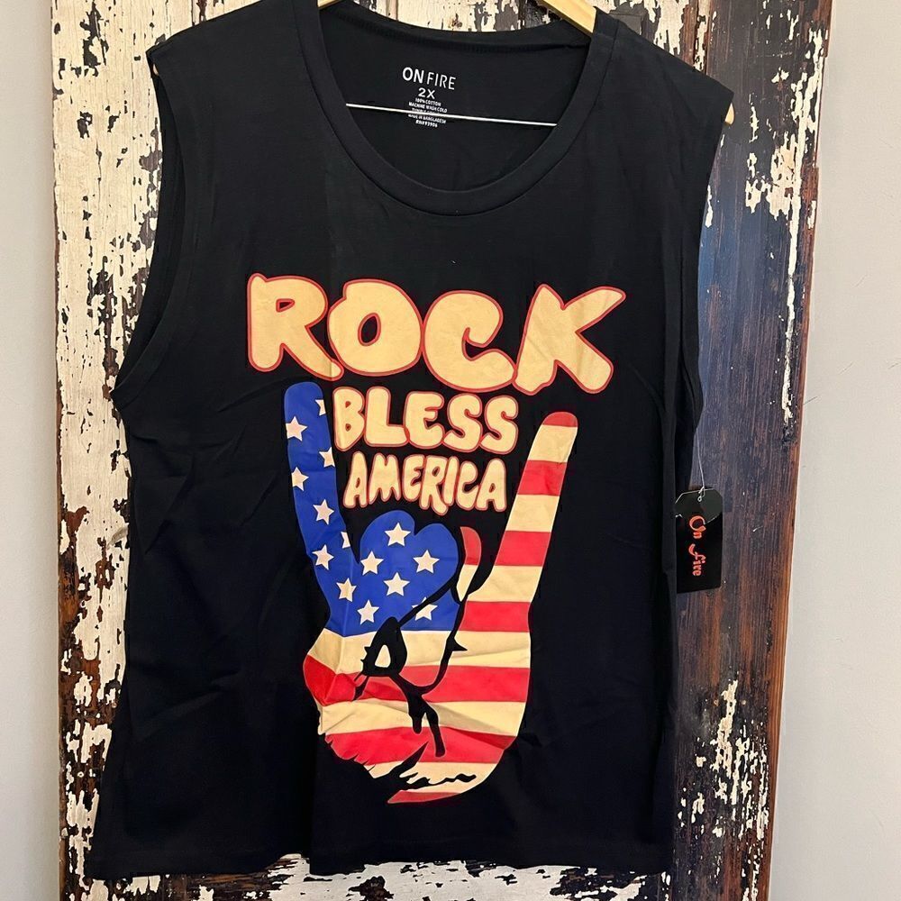 Women’s NWT On Fire Rock Bless America size 2X tank top.